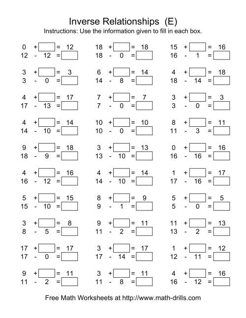 The Inverse Relationships (Two Blanks) -- Addition and Subtraction -- Range 1 to 18 (E) Math Worksheet