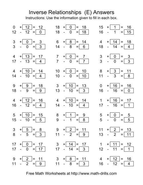 The Inverse Relationships (Two Blanks) -- Addition and Subtraction -- Range 1 to 18 (E) Math Worksheet Page 2