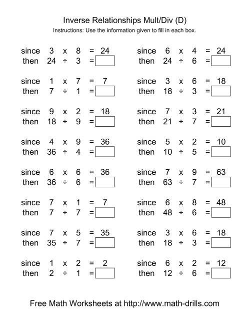 The Inverse Relationships -- Multiplication and Division -- Range 1 to 9 (D) Math Worksheet