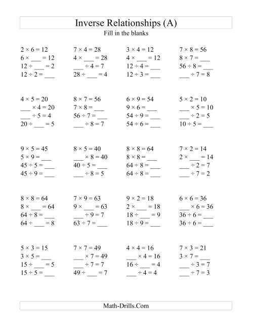 The Inverse Relationships -- Multiplication and Division All Inverse Relationships -- Range 2 to 9 (A) Math Worksheet