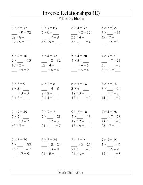 The Inverse Relationships -- Multiplication and Division All Inverse Relationships -- Range 2 to 9 (E) Math Worksheet