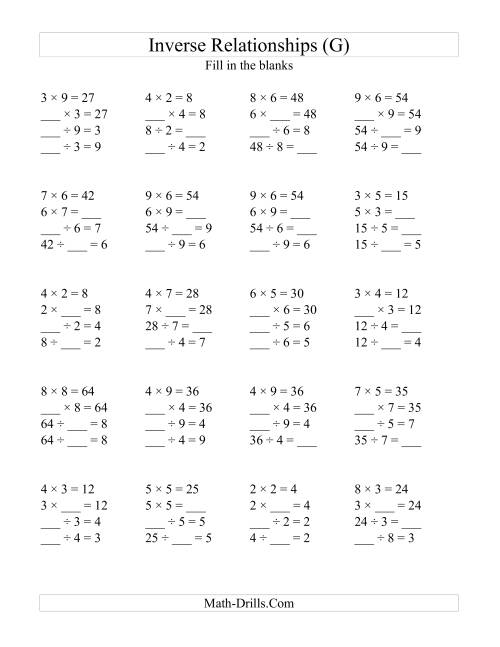 The Inverse Relationships -- Multiplication and Division All Inverse Relationships -- Range 2 to 9 (G) Math Worksheet