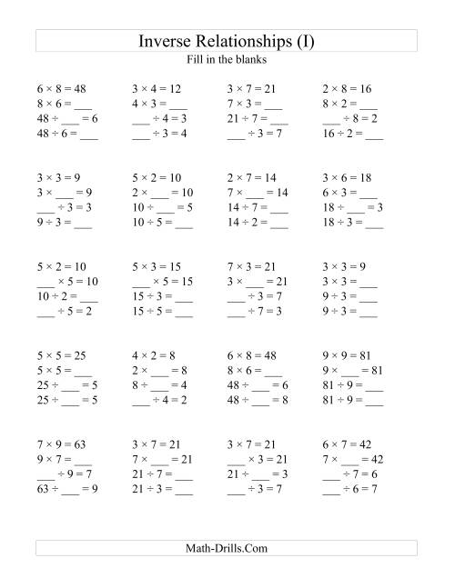 The Inverse Relationships -- Multiplication and Division All Inverse Relationships -- Range 2 to 9 (I) Math Worksheet