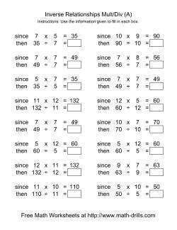Inverse Relationships -- Multiplication and Division -- Range 5 to 12