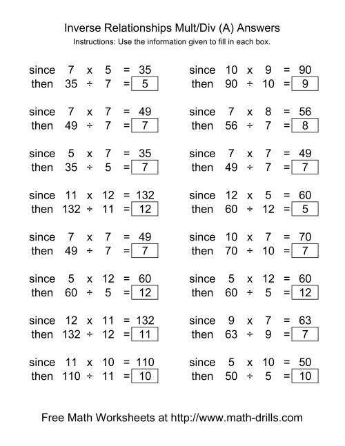 The Inverse Relationships -- Multiplication and Division -- Range 5 to 12 (A) Math Worksheet Page 2