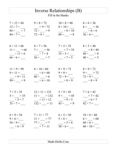 The Inverse Relationships -- Multiplication and Division All Inverse Relationships -- Range 5 to 12 (B) Math Worksheet