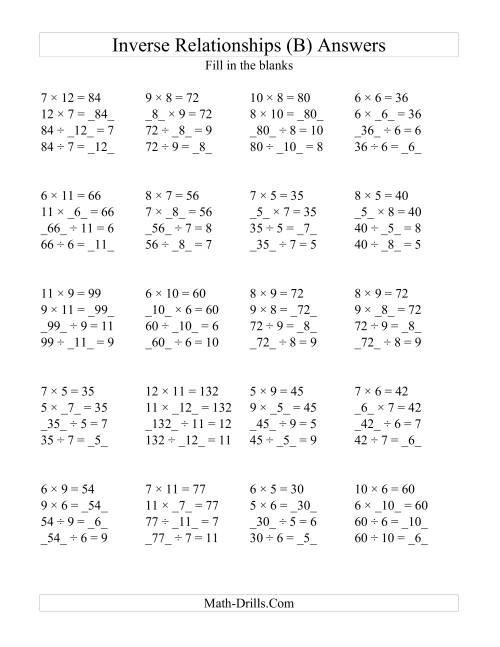 The Inverse Relationships -- Multiplication and Division All Inverse Relationships -- Range 5 to 12 (B) Math Worksheet Page 2