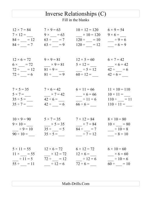 The Inverse Relationships -- Multiplication and Division All Inverse Relationships -- Range 5 to 12 (C) Math Worksheet