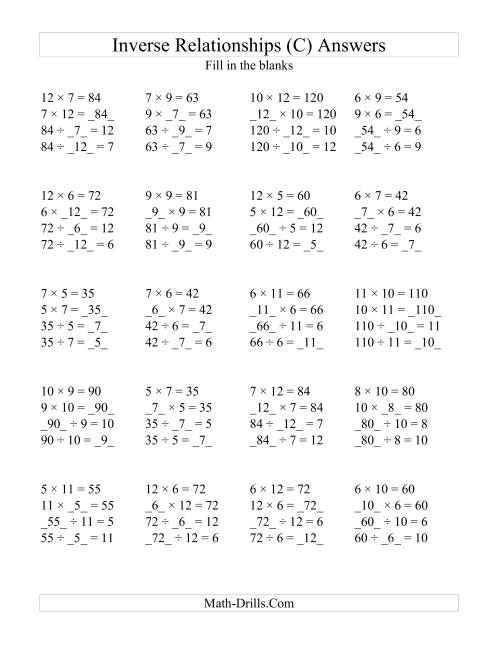 The Inverse Relationships -- Multiplication and Division All Inverse Relationships -- Range 5 to 12 (C) Math Worksheet Page 2