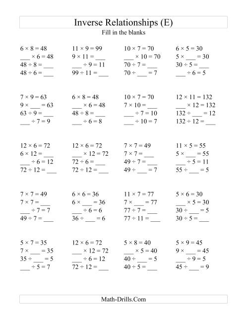 The Inverse Relationships -- Multiplication and Division All Inverse Relationships -- Range 5 to 12 (E) Math Worksheet