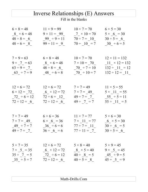 The Inverse Relationships -- Multiplication and Division All Inverse Relationships -- Range 5 to 12 (E) Math Worksheet Page 2