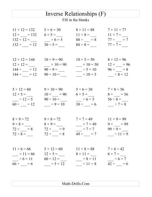 The Inverse Relationships -- Multiplication and Division All Inverse Relationships -- Range 5 to 12 (F) Math Worksheet