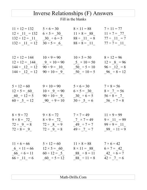 The Inverse Relationships -- Multiplication and Division All Inverse Relationships -- Range 5 to 12 (F) Math Worksheet Page 2