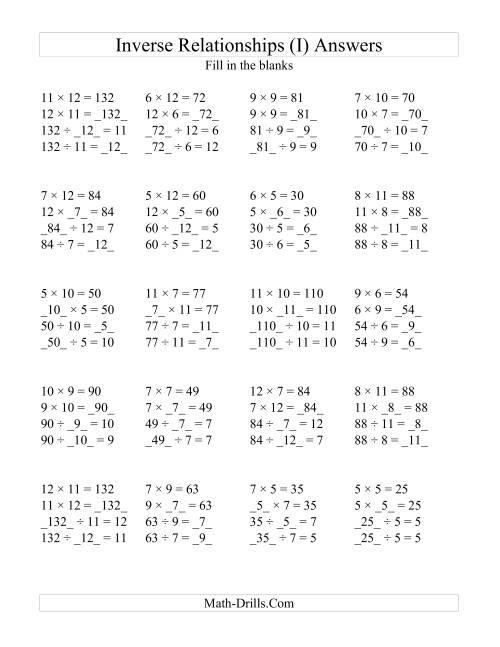 The Inverse Relationships -- Multiplication and Division All Inverse Relationships -- Range 5 to 12 (I) Math Worksheet Page 2