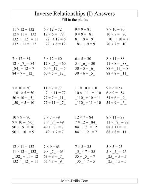 Inverse Relationships -- Multiplication and Division All Inverse ...