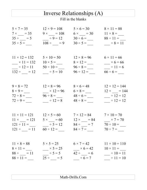 The Inverse Relationships -- Multiplication and Division All Inverse Relationships -- Range 5 to 12 (All) Math Worksheet