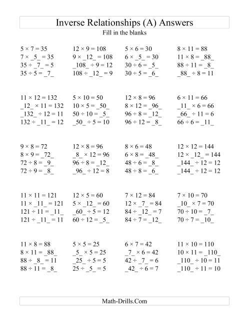 The Inverse Relationships -- Multiplication and Division All Inverse Relationships -- Range 5 to 12 (All) Math Worksheet Page 2