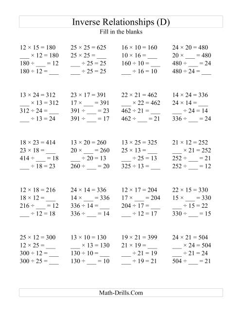 The Inverse Relationships -- Multiplication and Division All Inverse Relationships -- Range 10 to 25 (D) Math Worksheet