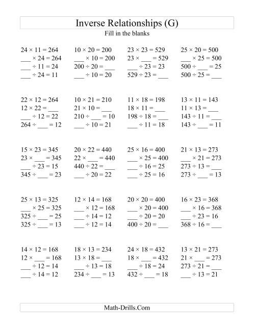 The Inverse Relationships -- Multiplication and Division All Inverse Relationships -- Range 10 to 25 (G) Math Worksheet