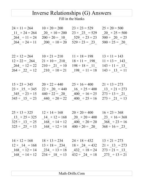 The Inverse Relationships -- Multiplication and Division All Inverse Relationships -- Range 10 to 25 (G) Math Worksheet Page 2
