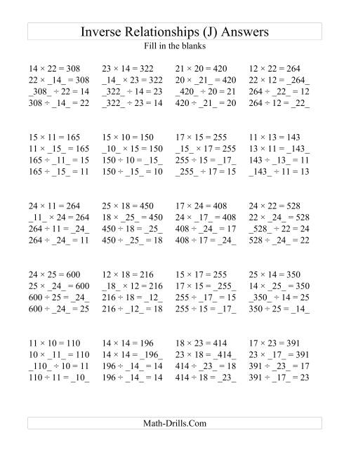 The Inverse Relationships -- Multiplication and Division All Inverse Relationships -- Range 10 to 25 (J) Math Worksheet Page 2