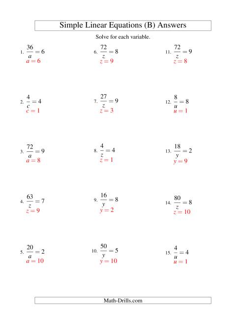 The Solving Linear Equations -- Form a/x = c (B) Math Worksheet Page 2