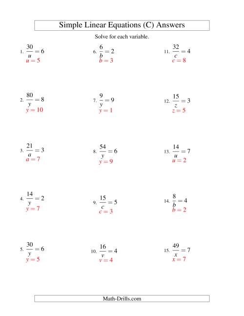 The Solving Linear Equations -- Form a/x = c (C) Math Worksheet Page 2