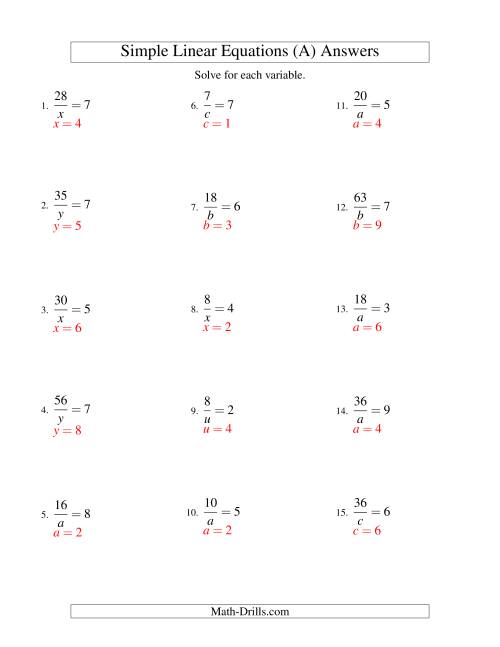 The Solving Linear Equations -- Form a/x = c (All) Math Worksheet Page 2