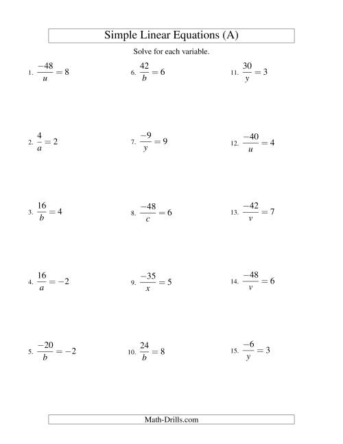 The Solving Linear Equations (Including Negative Values) -- Form a/x = c (All) Math Worksheet