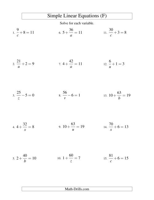 The Solving Linear Equations -- Form a/x ± b = c (F) Math Worksheet