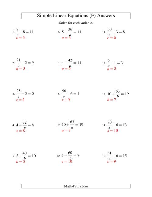 The Solving Linear Equations -- Form a/x ± b = c (F) Math Worksheet Page 2