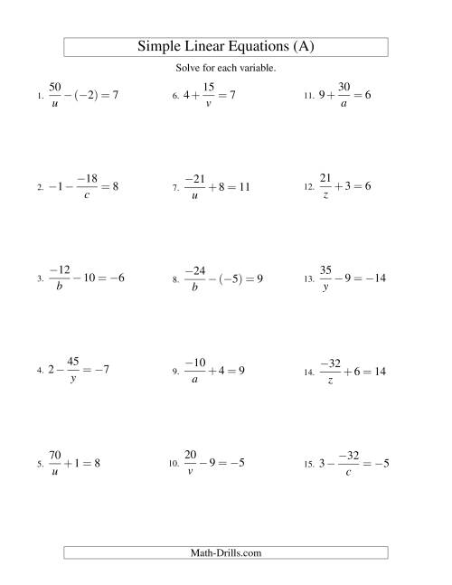 The Solving Linear Equations (Including Negative Values) -- Form a/x ± b = c (A) Math Worksheet