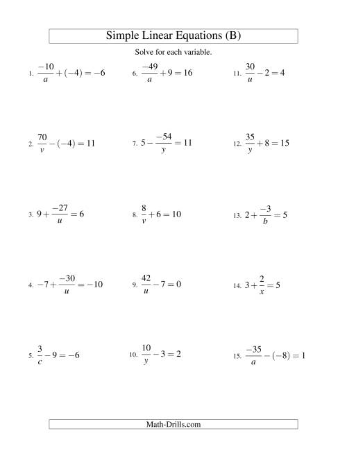 The Solving Linear Equations (Including Negative Values) -- Form a/x ± b = c (B) Math Worksheet