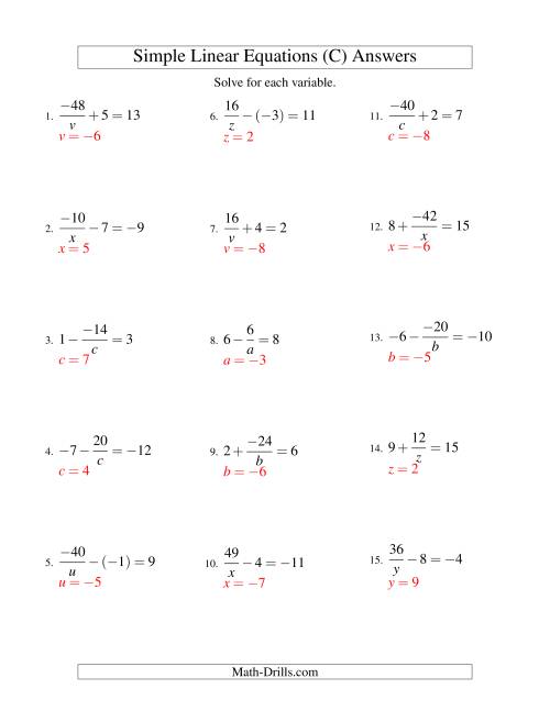 The Solving Linear Equations (Including Negative Values) -- Form a/x ± b = c (C) Math Worksheet Page 2