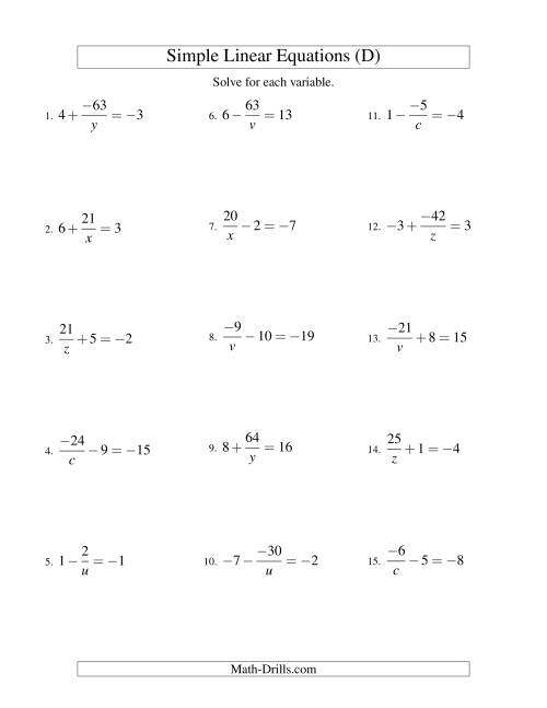 The Solving Linear Equations (Including Negative Values) -- Form a/x ± b = c (D) Math Worksheet