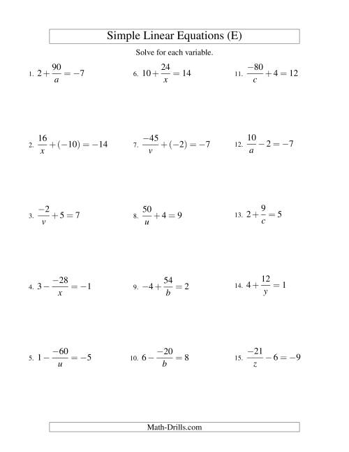 The Solving Linear Equations (Including Negative Values) -- Form a/x ± b = c (E) Math Worksheet