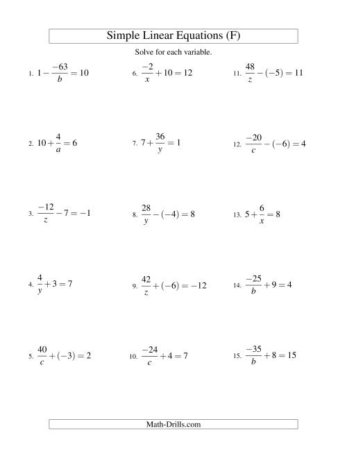The Solving Linear Equations (Including Negative Values) -- Form a/x ± b = c (F) Math Worksheet