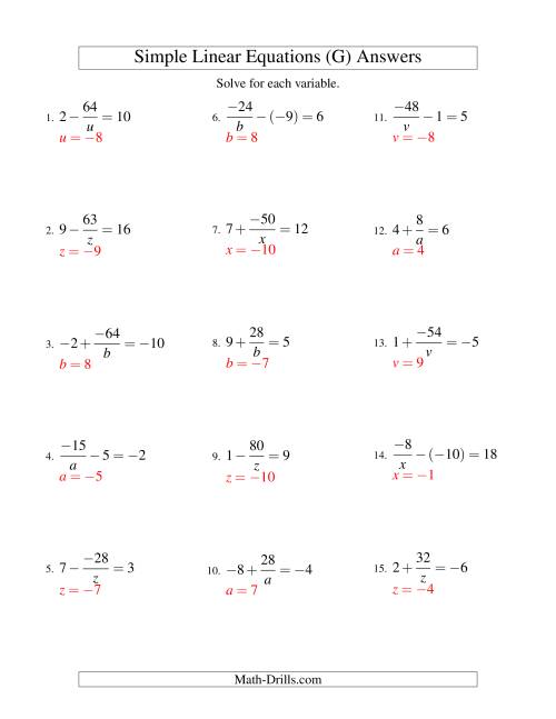 The Solving Linear Equations (Including Negative Values) -- Form a/x ± b = c (G) Math Worksheet Page 2
