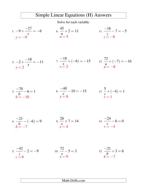 The Solving Linear Equations (Including Negative Values) -- Form a/x ± b = c (H) Math Worksheet Page 2