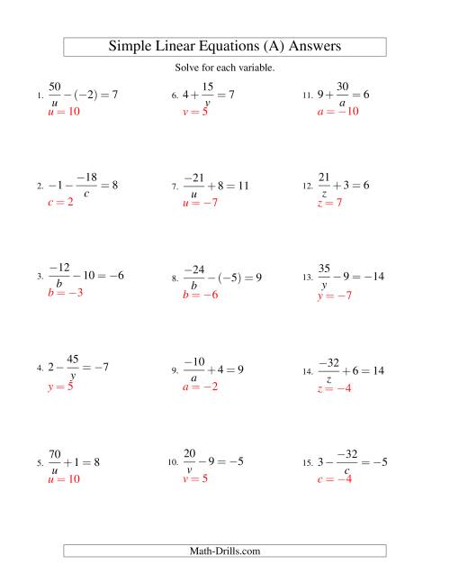 The Solving Linear Equations (Including Negative Values) -- Form a/x ± b = c (All) Math Worksheet Page 2