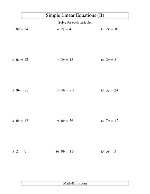 The Solving Linear Equations -- Form ax = c (B) Math Worksheet