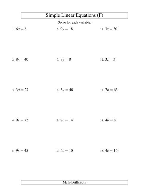 The Solving Linear Equations -- Form ax = c (F) Math Worksheet