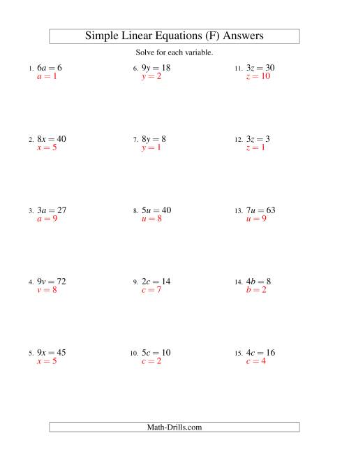 The Solving Linear Equations -- Form ax = c (F) Math Worksheet Page 2