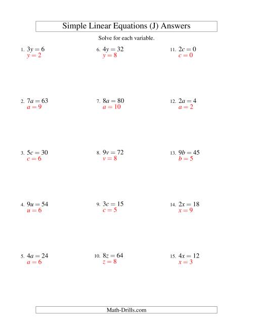 The Solving Linear Equations -- Form ax = c (J) Math Worksheet Page 2