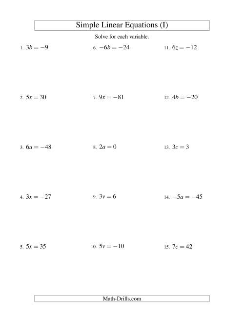 The Solving Linear Equations (Including Negative Values) -- Form ax = c (I) Math Worksheet