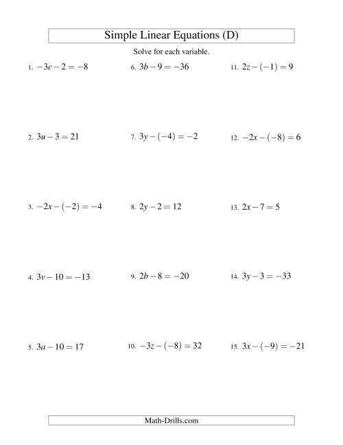 The Solving Linear Equations (Including Negative Values) -- Form ax - b = c (D) Math Worksheet