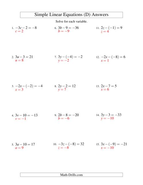 The Solving Linear Equations (Including Negative Values) -- Form ax - b = c (D) Math Worksheet Page 2