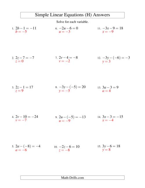 The Solving Linear Equations (Including Negative Values) -- Form ax - b = c (H) Math Worksheet Page 2