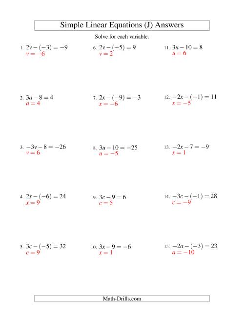 The Solving Linear Equations (Including Negative Values) -- Form ax - b = c (J) Math Worksheet Page 2