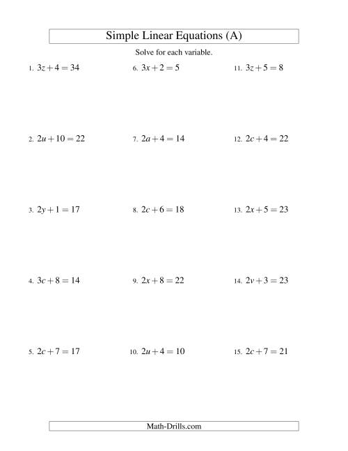 Math Drills Solve 1 Step Equations Multiplication Division Worksheets